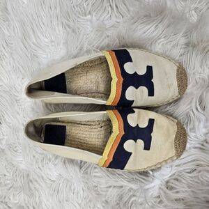 Tory Burch Laguna Palm Espadrilles Flats Shoes Women’s Cream Navy Canvas Logo 7